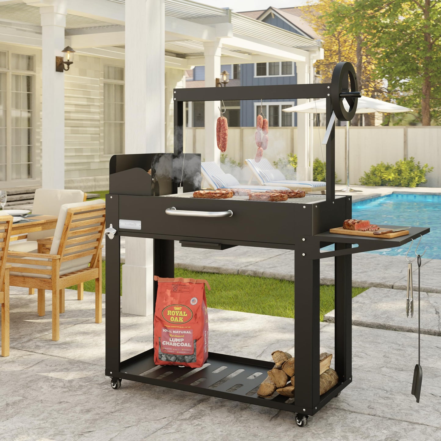 KoolMore 54 in. Charcoal BBQ Grill, Santa Maria Argentine Style Outdoor Grill with Adjustable Grate, Large Barbecue Grill for Outdoor Cooking, Black