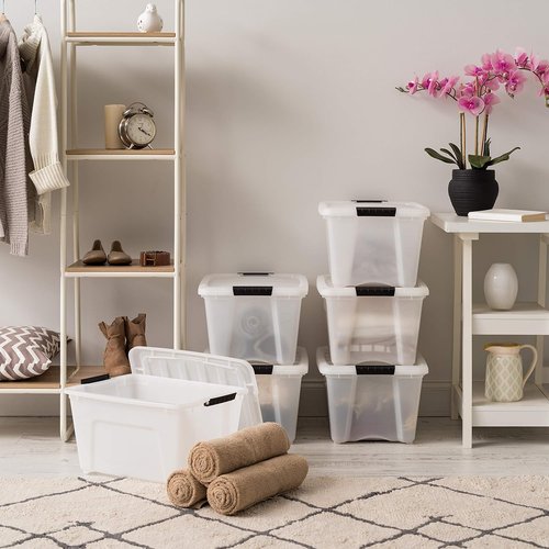 IRIS USA 32 Qt Stackable Storage Bins - BPA-Free, Durable Lids & Secure Handles - 6 Pack in Pearl
