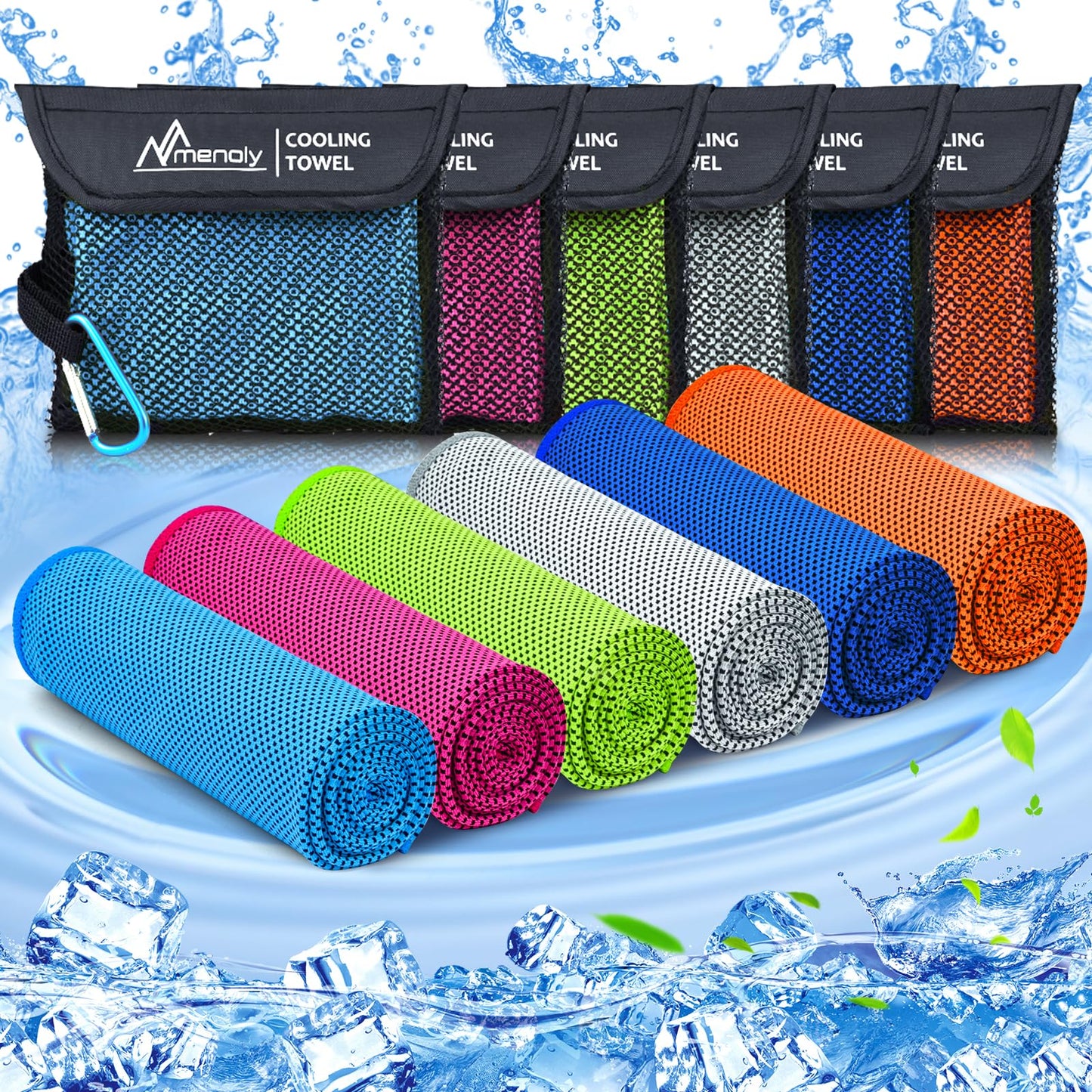 MENOLY 6 Pack Cooling Towels, 40"x12" Cooling Towels for Neck and Face with Breathable Carrying Bags,Soft Microfiber Instant Cooling Rags, Gym Workout Sweat Towel for Sports, Yoga, Camping, Running