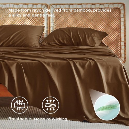 Bedsure King Size Cooling Sheets Set - Breathable Rayon from Bamboo, Soft & Luxurious, Deep Pocket Up to 16 Inches, Brown