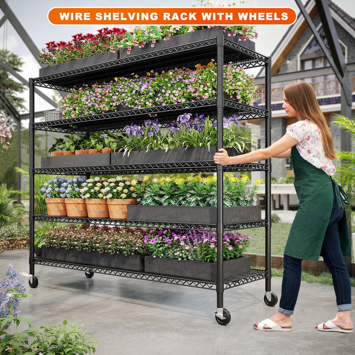 REIBII 85.7"H Garage Shelving 2998LBS Storage Shelves with Wheels&Feet,5 Tier Garage Shelves Heavy Duty Adjustable Wire Shelving for Basement Commercial Industrial Pantry, 85.7"H X 55.5"W X 24.2"D