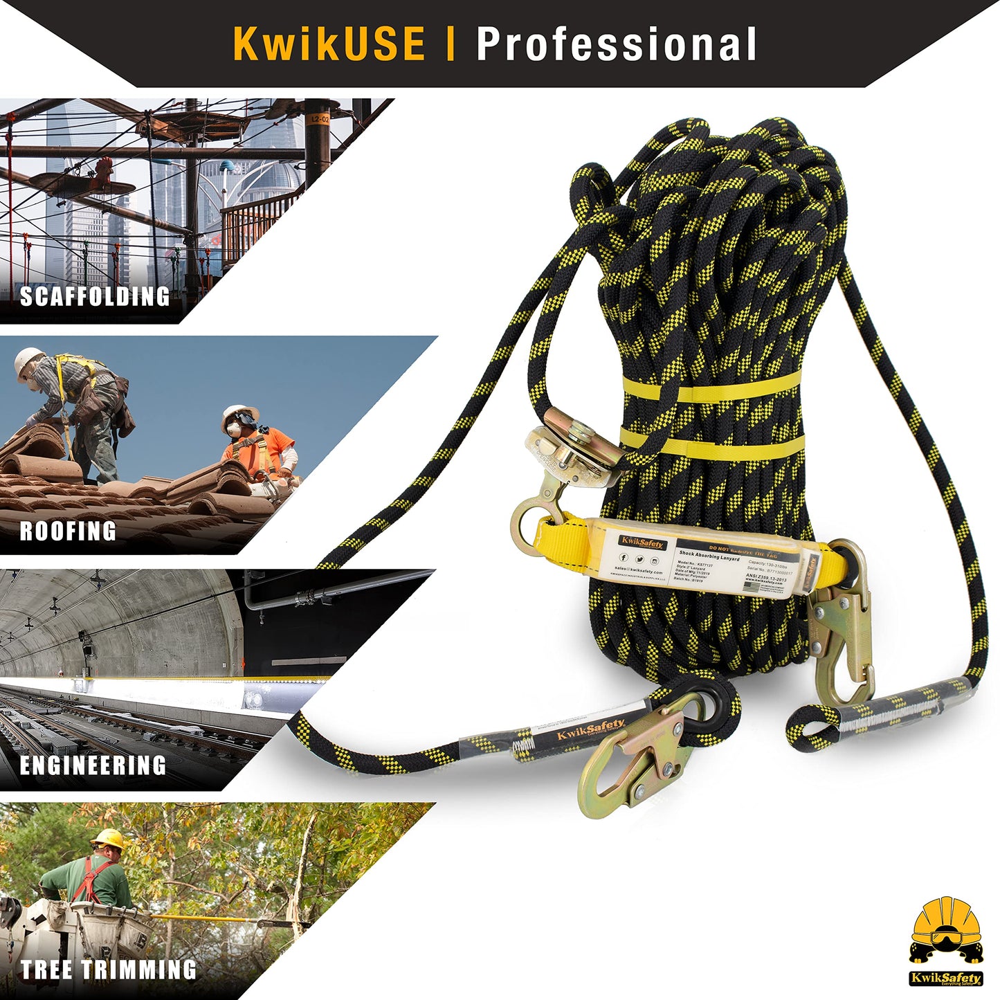 KwikSafety - Charlotte, NC - TSUNAMI [Premium BRAIDED ROPE] Vertical Lifeline ANSI OSHA Rope Grab Snap Hook Shock Absorber Fall Protection Line Kit Restraint System Roofing Safety Equipment / 150 FT.