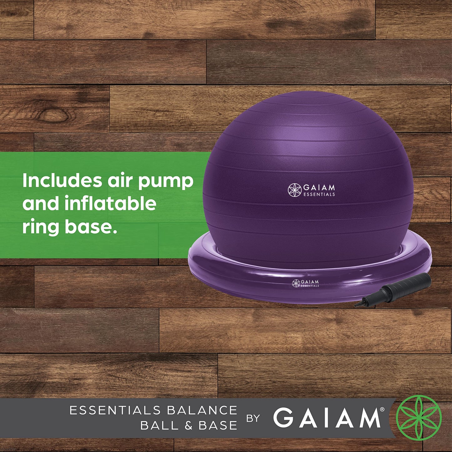 Gaiam Essentials Balance Ball & Base Kit, 65cm Yoga Ball Chair, Exercise Ball with Inflatable Ring Base for Home or Office Desk, Includes Air Pump, Black