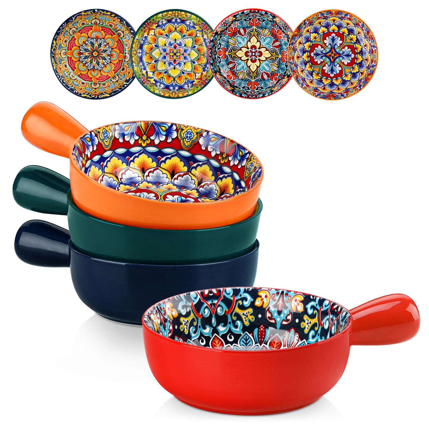 vancasso Soup Bowls with Handles, 23 Oz French Onion Soup Bowls Oven Safe, Bohemian Ceramic Soup Crocks for Cereal, Pasta, Beef Stew, Chilli, Microwave Dishwasher Safe-6.2 inch, Set of 4