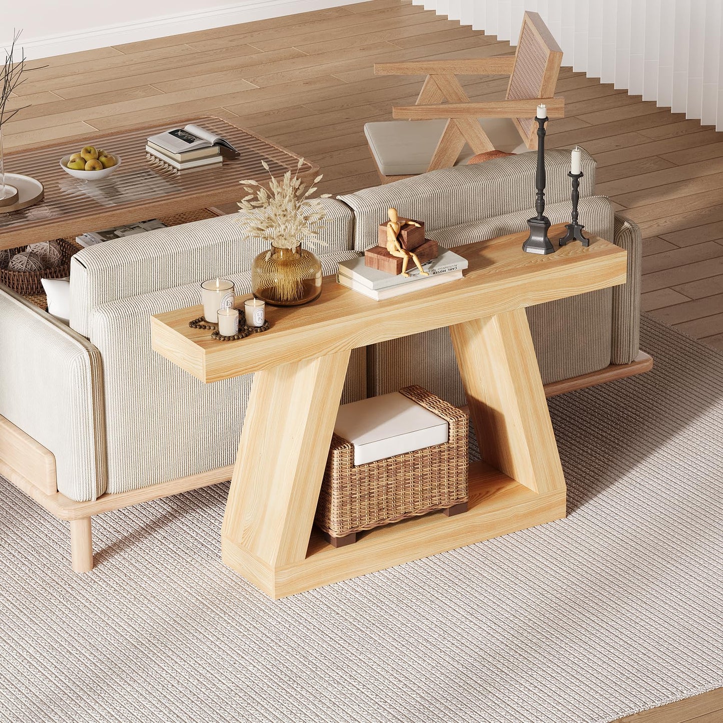 GarveeHome Farmhouse Console Table, 2-Tier Wooden Trapezium Sofa Table with Open Storage Shelf, Industrial Entryway Furniture for Entrance, Hallway, Living Room(55.1''x11.8''x31.5''), Natural