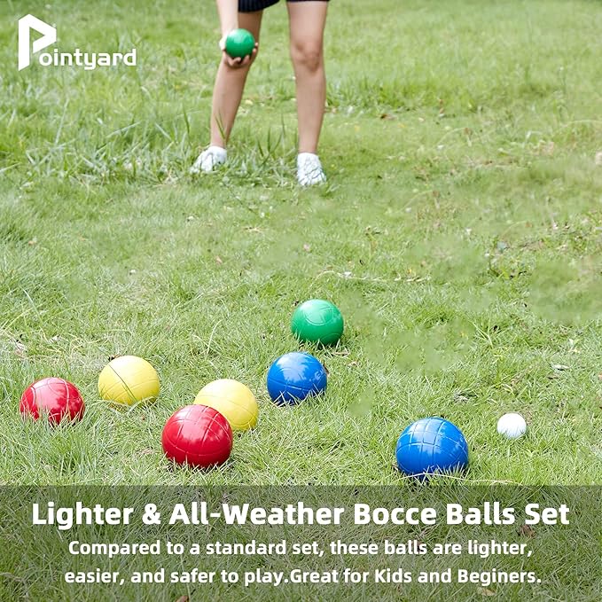Pointyard 90mm Bocce Ball Set with 8 PE Balls, 1 Pallino, Carrying Bag, Measuring Tape - Family Game for Outdoor/Lawn/Beach/Park