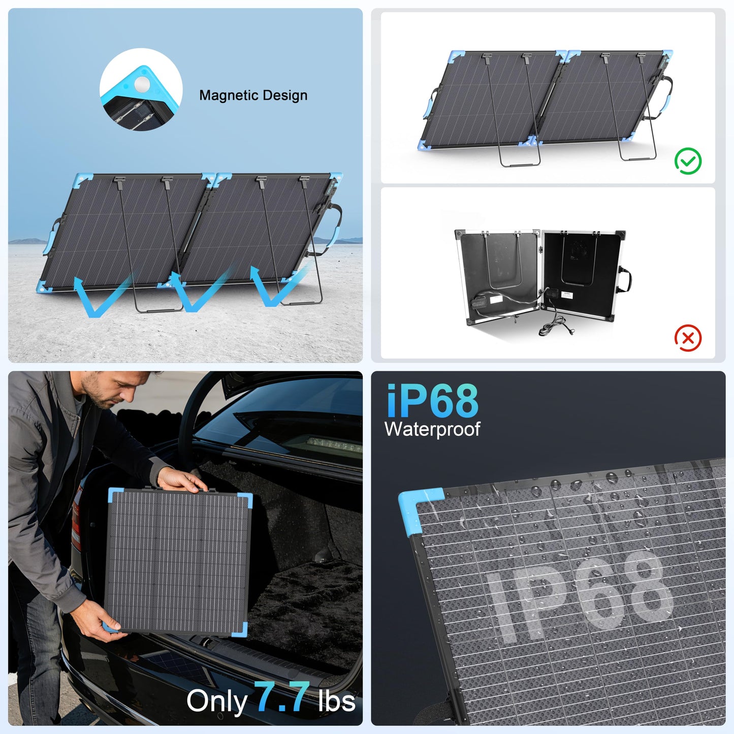 E-POWO 110W Bifacial Portable Solar Panel Suitcase, 23.5% High Efficiency ETFE Foldable Solar Charger for Power Station,IP68 Waterproof 2 Reinforced Kickstands for RV Camping Off-Grid Blackouts