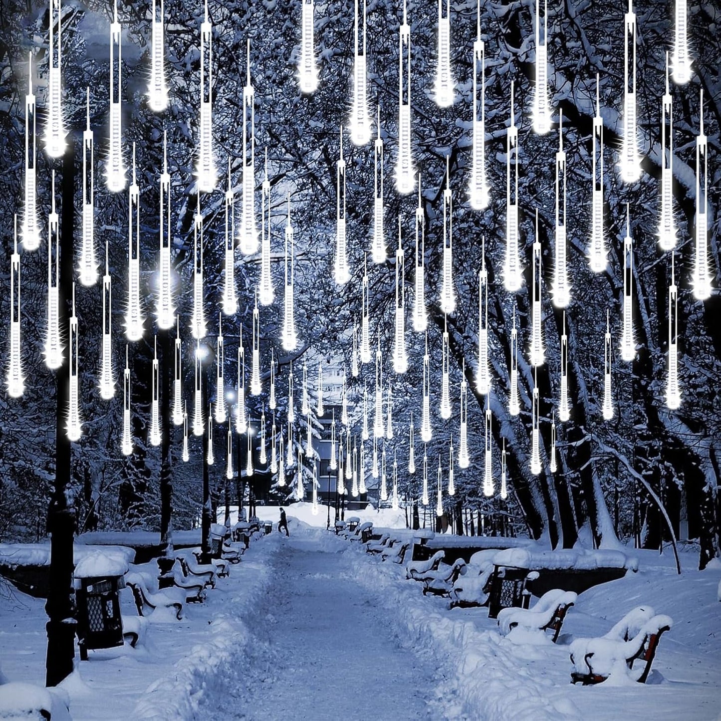 Skiennix Meteor Shower Lights - 2 Pack Outdoor Christmas Decorations with Timer | 384 LED, 30cm Tubes, Cool White