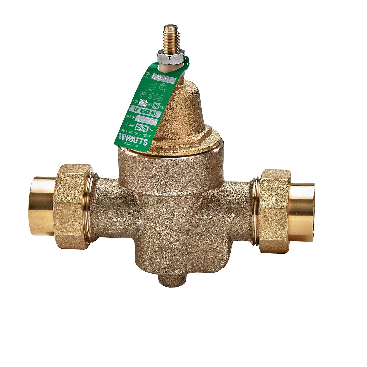 Watts LFN55B-M1 Series 3/4" Lead-Free Cast Copper Silicon Alloy Water Pressure Reducing Valve, NPT Female Union Inlet x NPT Female Outlet, Adjustable Pressure 25 to 75 psi, Maximum 400 psi