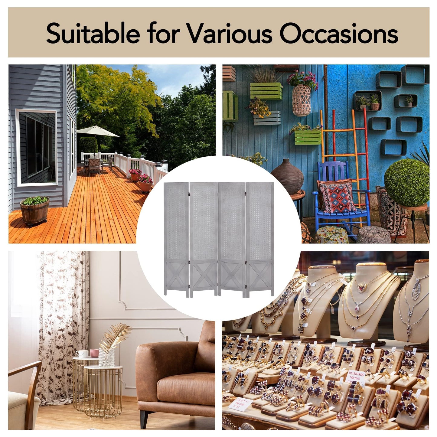 Wnutrees 4 Panel Pegboard Display, 5 Ft Wood Folding Privacy Screens Room Divider, Portable Freestanding Display Board for Craft/Art Shows, Retail, Events, Wall Organizer, Rustic Barnwood, Grey