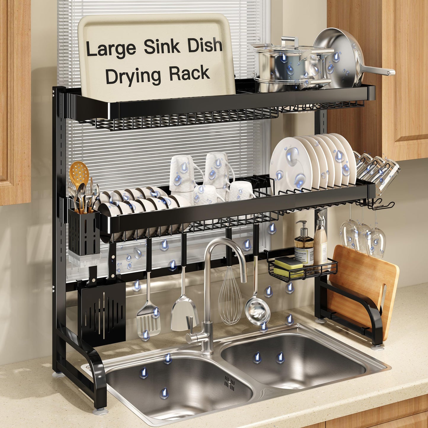MAJALiS 3 Tier Extra Large Stainless Steel Expandable Over The Sink Dish Drainer Drying Rack, Rust Proof Metal, Space Saving, Modern Black Big Capacity Extendable Plate Strainers Above Counter