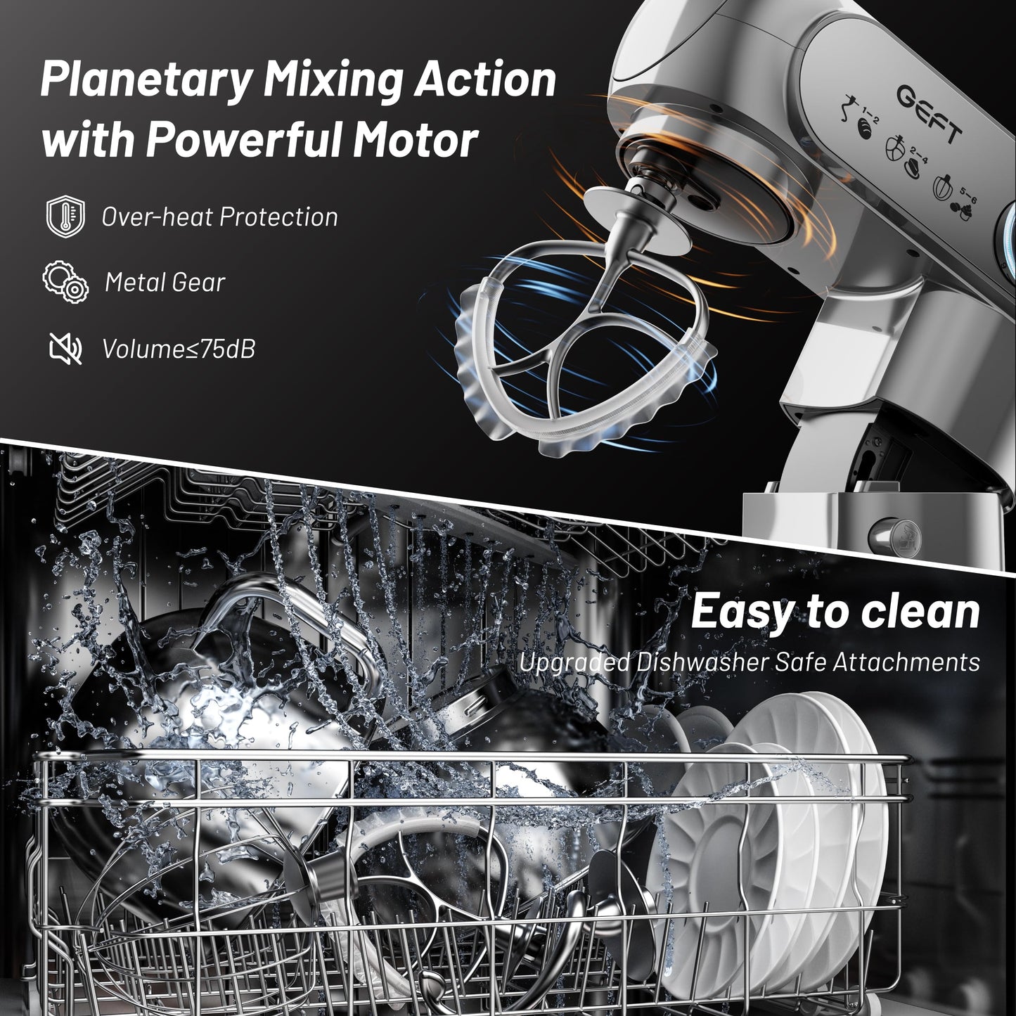 GEFT Stand Mixer, 3.5QT+6QT Two Bowls Kitchen Electric Mixer, 600W 6+P speed Tilt-Head Food Mixer with Stainless Steel Bowl, Dishwasher-Safe Dough Hook, Flat Beater, Wire Whisk, Splash Guard, Grey