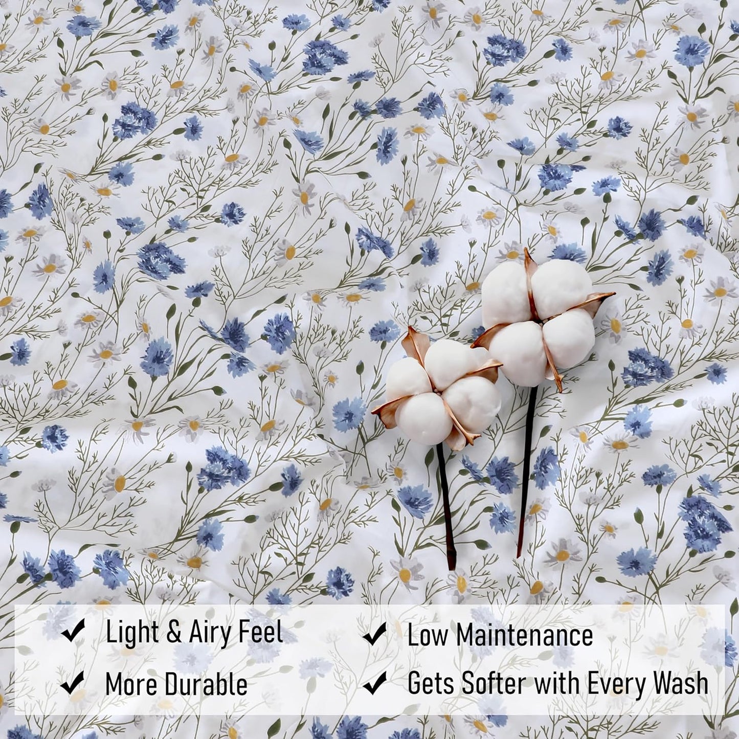 RUVANTI King Size Cotton Sheets - 100% Percale Bedding, Cooling Floral Design, 16" Deep Pocket, 4-Piece Set