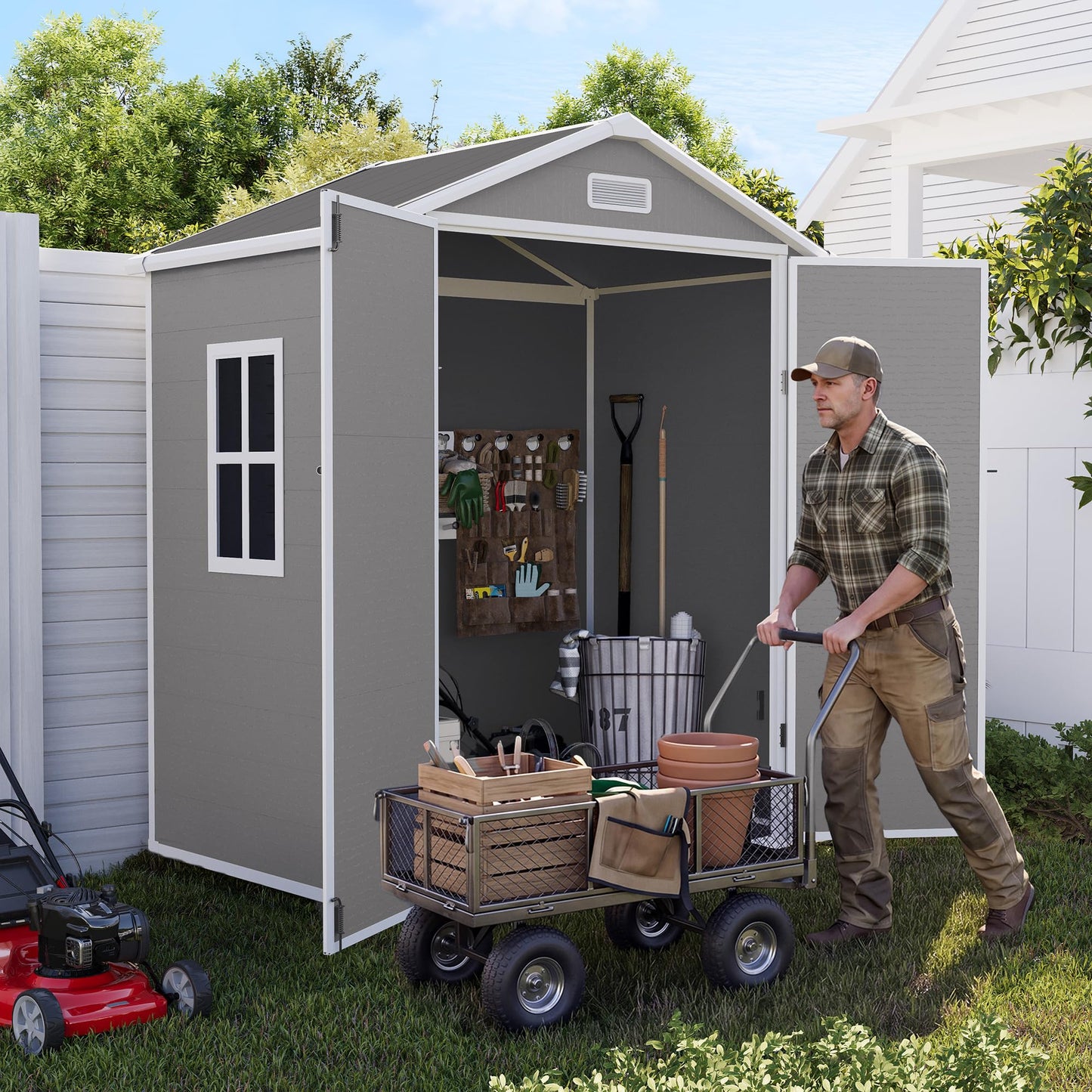 UDPATIO Outdoor Storage Shed 6x4 FT, Garden Resin Shed for Bike, Garbage Can, Tools, Outside Plastic Sheds with Floor for Backyard, Patio, Lawn, Grey & White