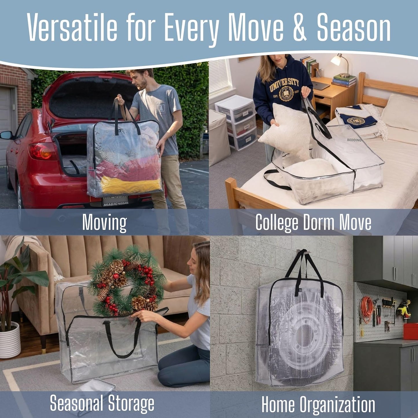 VENO Clear Moving Bags - 4 Pack Heavy Duty Storage Totes for 30" Wreaths, Clothes & Bedding