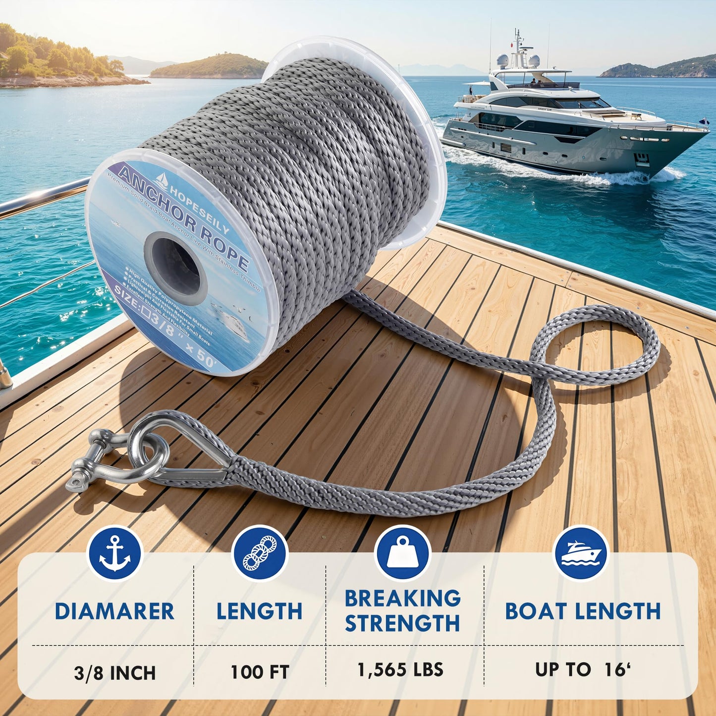 HOPESEILY 3/8 x 50FT Boat Anchor Rope, Premium Solid Braid MFP Marine Line with Stainless Steel Thimble & Shackle for Boats Jet Ski Yacht Dock, Heavy Duty (Grey)
