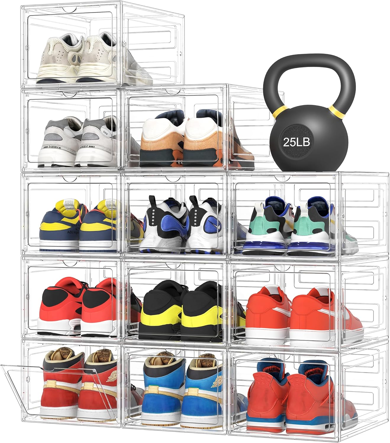 Pinkpum X-Large Hard Shoe Storage Box - 12 Pack Clear Plastic Stackable Organizer with Magnetic Door