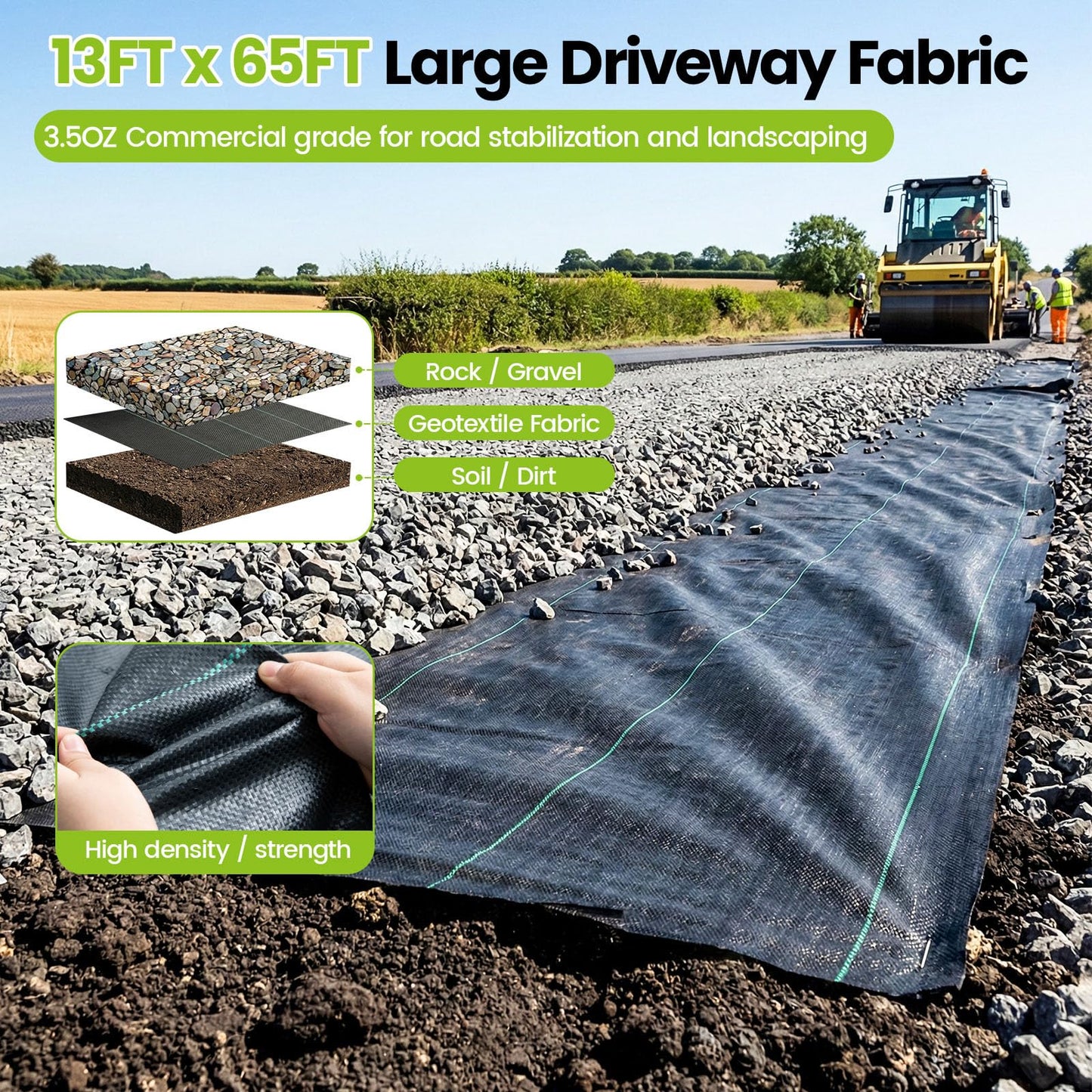 13x65ft Driveway Fabric, 3.5OZ Commercial Weed Barrier Fabric Heavy Duty Landscape Fabric, Weed Fabric, Weed Blocker Fabric for Garden Weed Barrier, Road Fabric Construction Project, Erosion Control