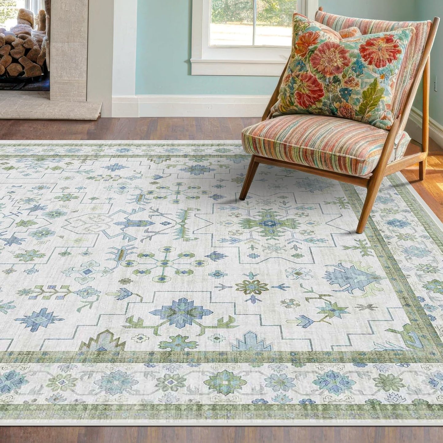 Oushak 4x6 Boho Pastel Rug - Low Pile, Non-Slip, Stain Resistant Throw for Living Room, Kitchen & Entryway