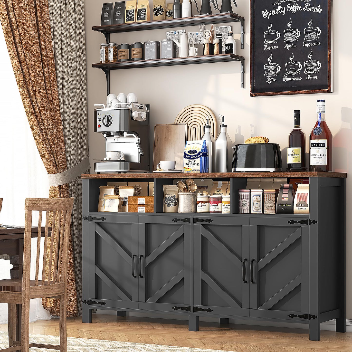 knoworld Buffet Sideboard with Storage Farmhouse with 4 Doors, 55'' Large Kitchen Storage Cabinet Wood Coffee Bar Cabinet Buffet Table with Shelves for Kitchen, Dining Room, Entryway (Black, 55 in)