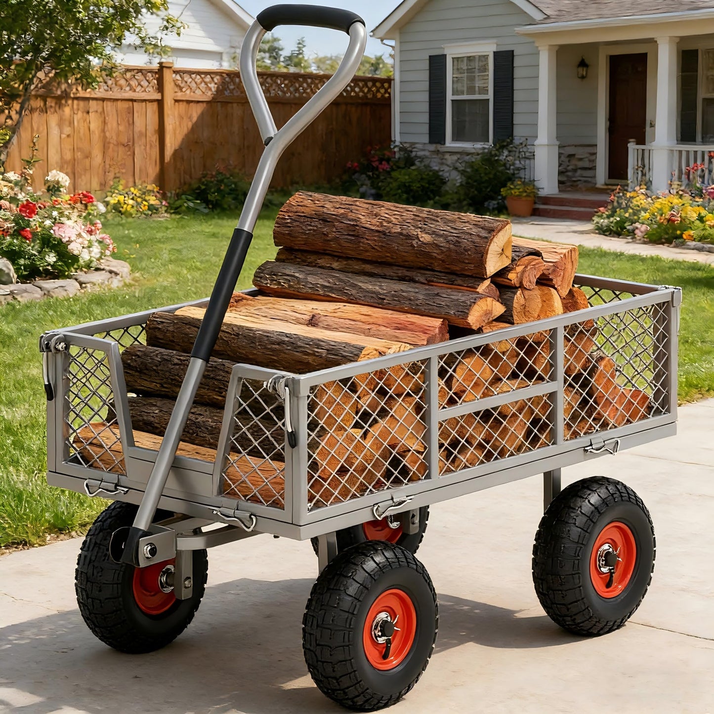 Autodaya Heavy Duty 900 lbs Capacity Garden Cart Wagon with 10" Pneumatic Tires & Removable Mesh Sides - 180° Rotating Handle, 4 Cu.Ft Utility Wagon for Yard, Garden, Hauling, All Terrain Outdoor Use