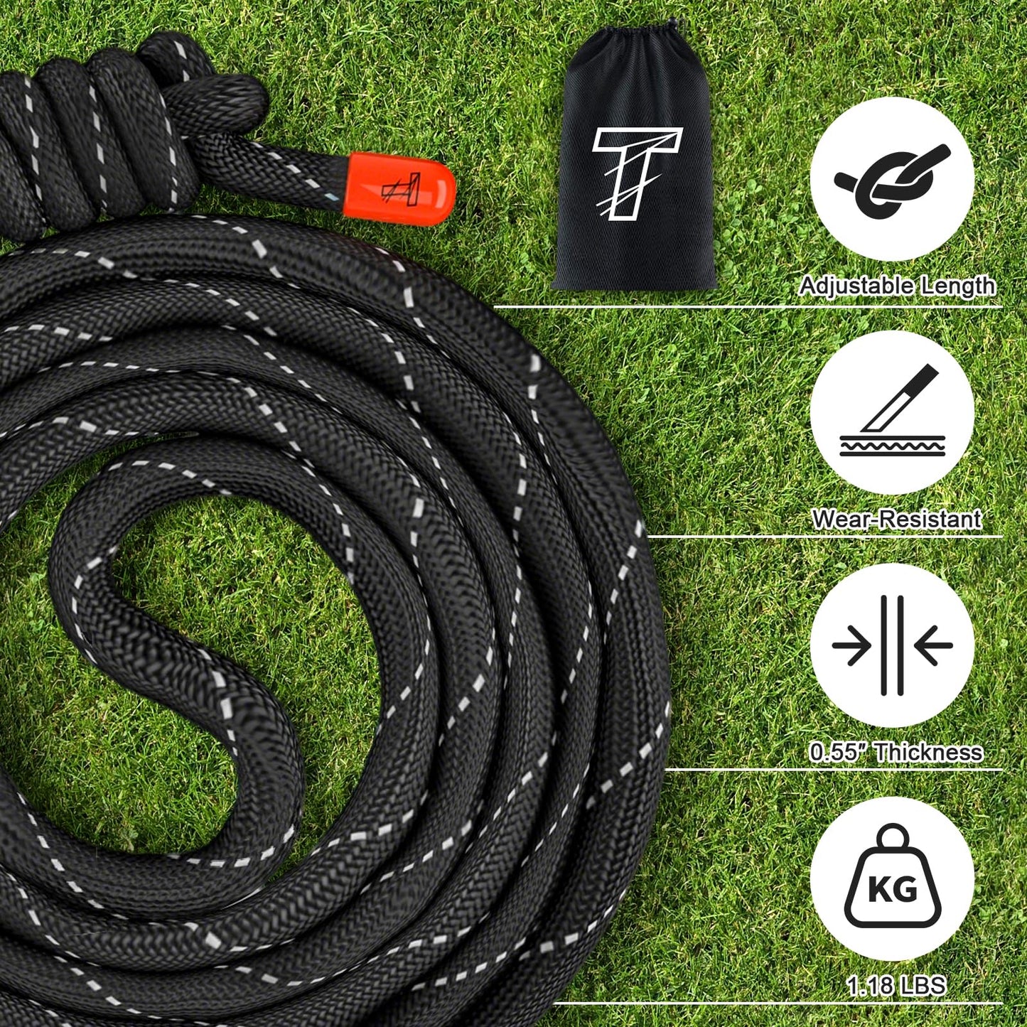 Flow Rope Exercise Jump Rope For Fitness, Working Out, Flow with 9 Ft 2Lbs Adjustable Double Woven Workout Rope For Men, Women, Beginners' Training – Indoor & Outdoor Cardio (Black(Reflective tape))