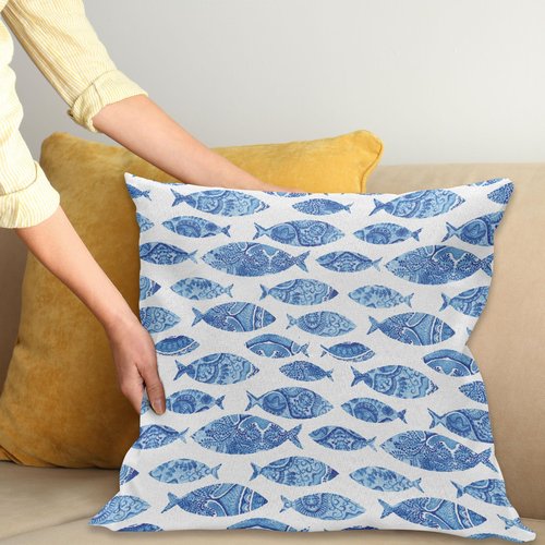 Ambesonne Blue Throw Pillow Cushion Cover, Fish Sea Animal with Ottoman Ornate Mosaic Hand Drawn Style Marine Artwork, Decorative Square Accent Pillow Case, 18" X 18", Blue