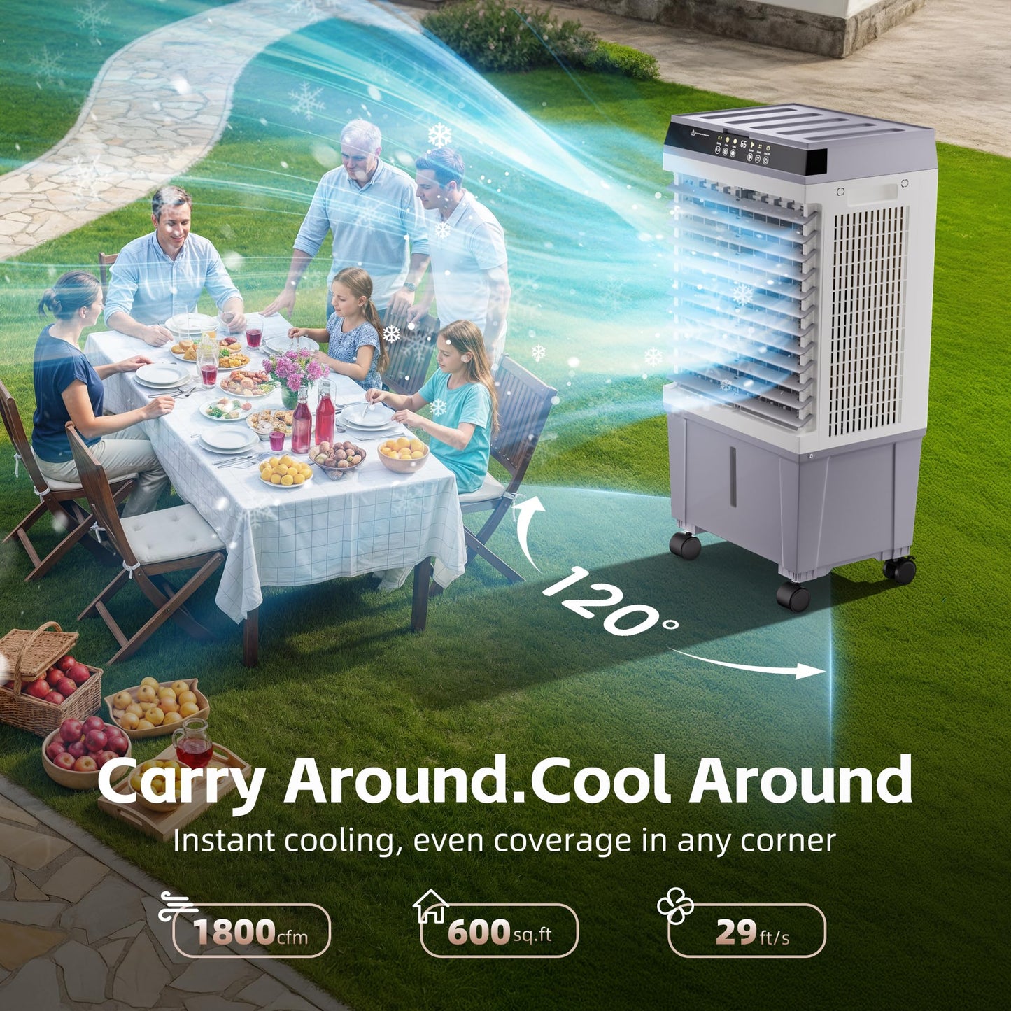 AKIRES 1800CFM Swamp Cooler,3-IN-1 Evaporative Air Cooler with 5.3 Gal Water Tank,6 Ice Packs,Evaporative Cooler with 12H Timer,2 Modes,3 Speeds,120°Oscillation，Cooling Fan for Indoor,Outdoor(32IN)