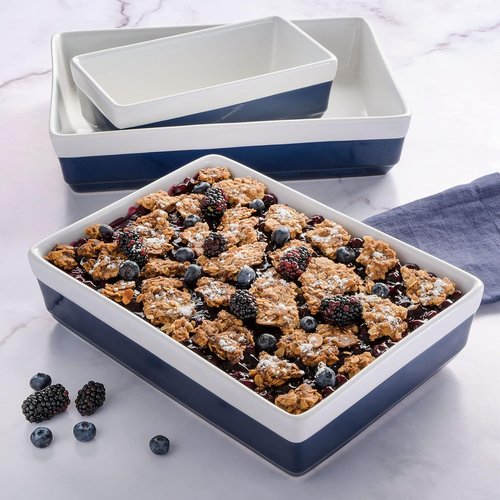 Martha Stewart 3-Piece Stoneware Bakeware Set - Durable Cobalt Blue Baking Dish & Casserole Set