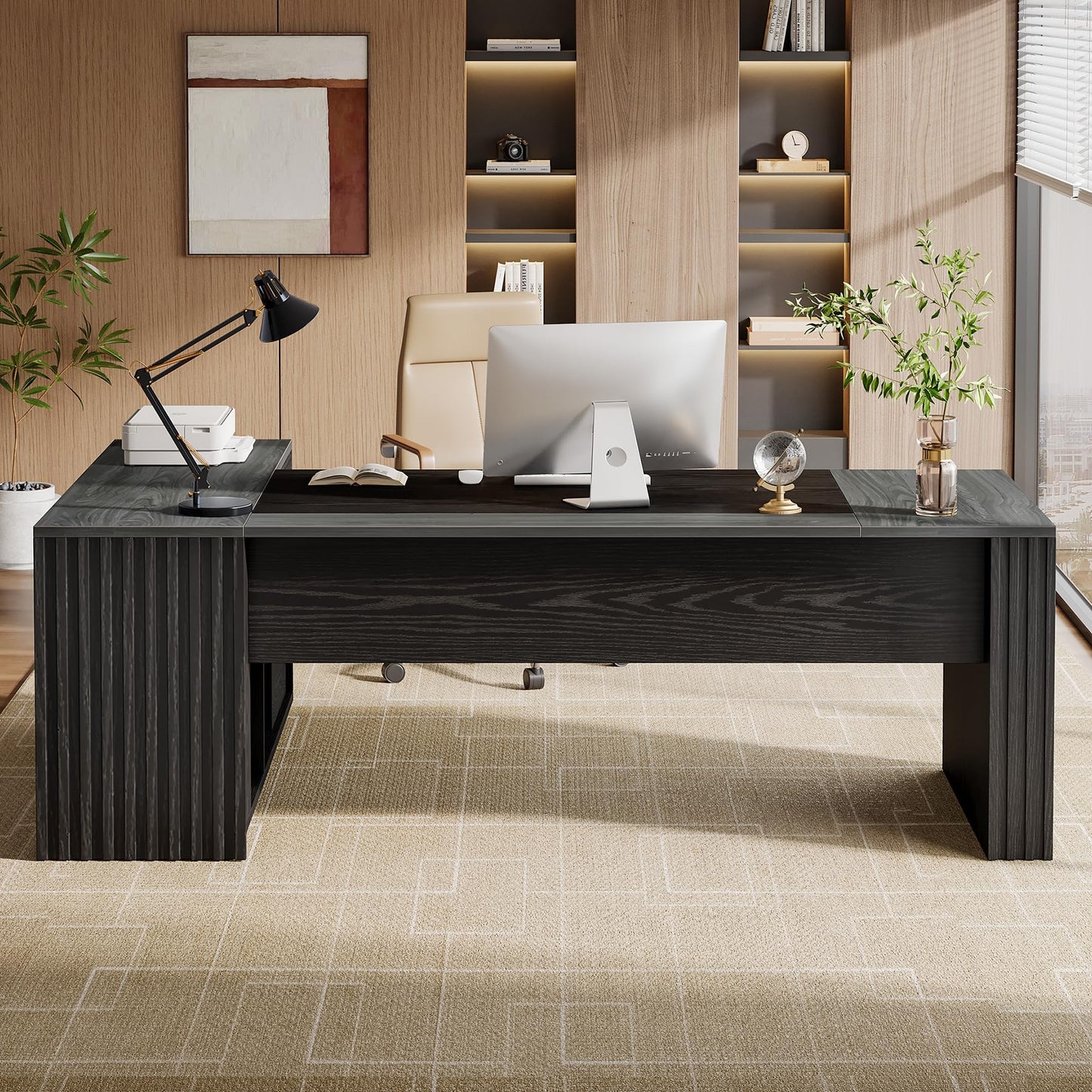 Tribesigns 78" L Shaped Executive Desk with Drawers, Large Office Computer Desk with Cabinet and Storage Shelves, Modern Business Furniture Sets Workstation for Home Office (Gray&Black)