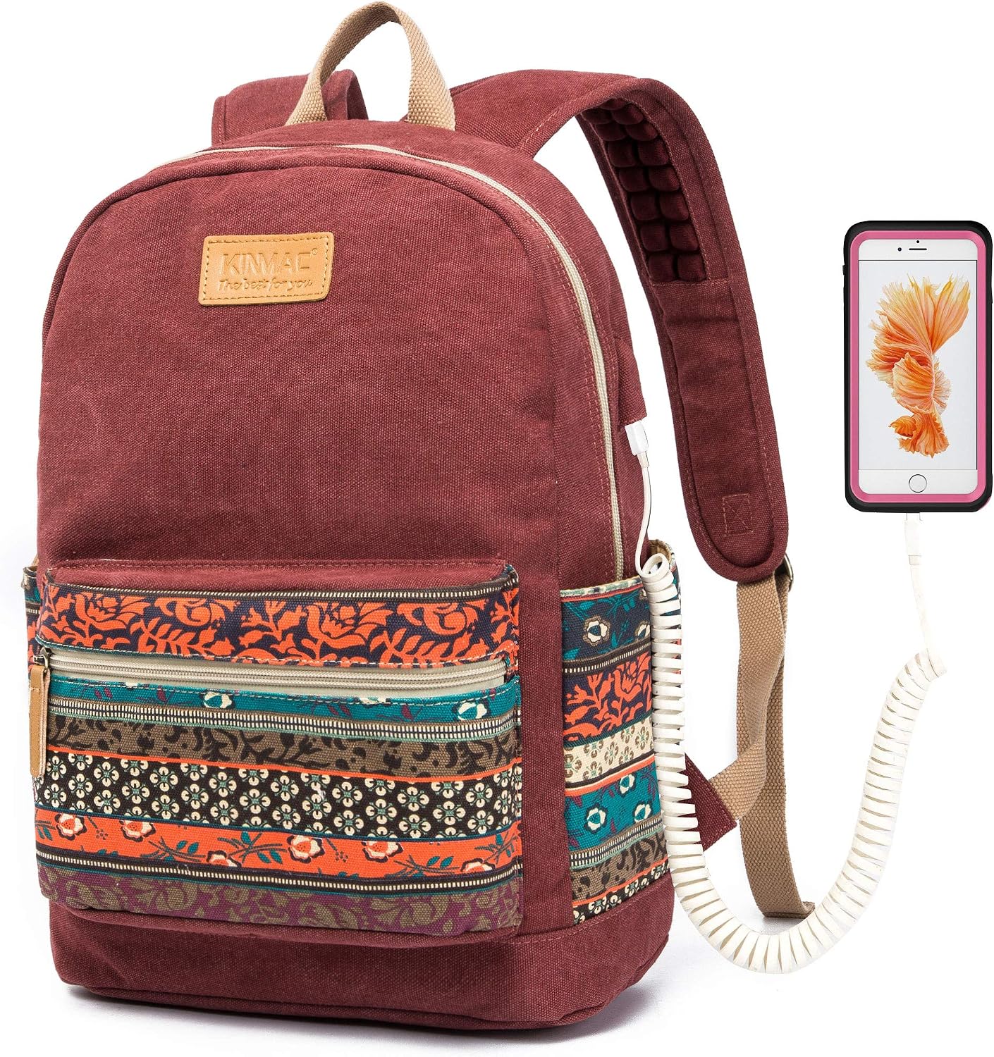 Kinmac Backpack Backpack Canvas with Massage Cushioned Straps,Travel Outdoor (Wine-Bohemian)