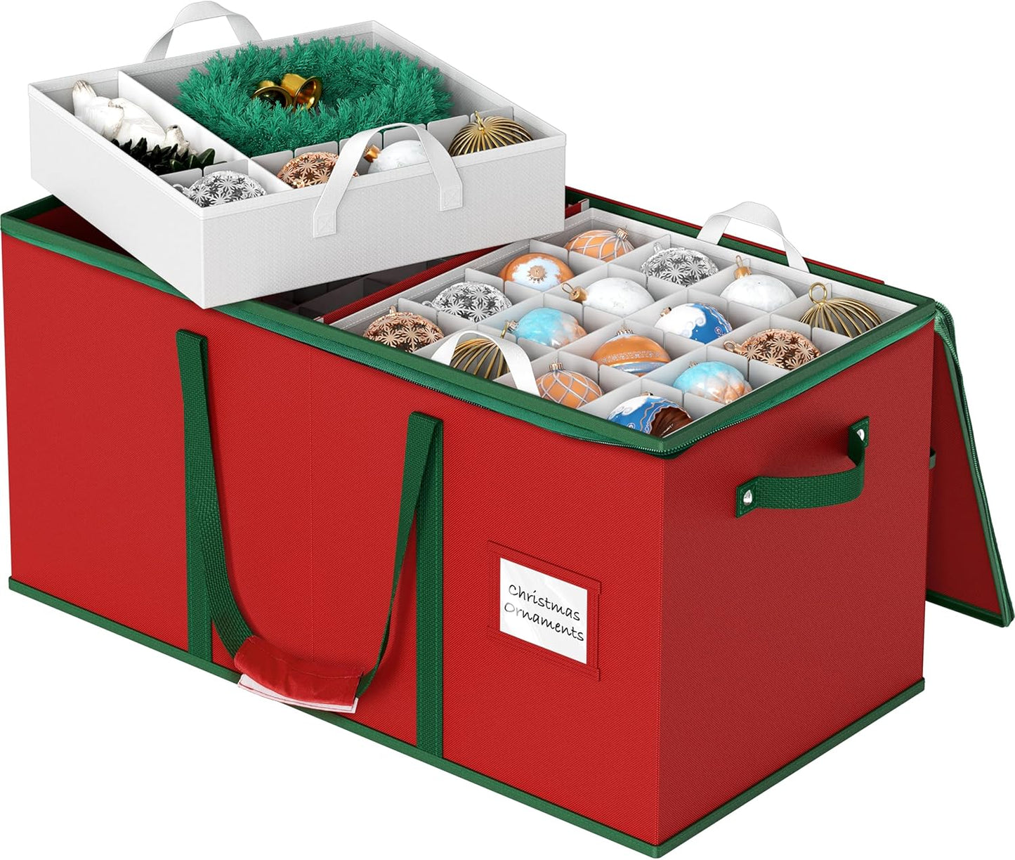 Simple Houseware Heavy-Duty Christmas Ornament Storage Box - Adjustable Dividers, Holds 128 Ornaments, Red