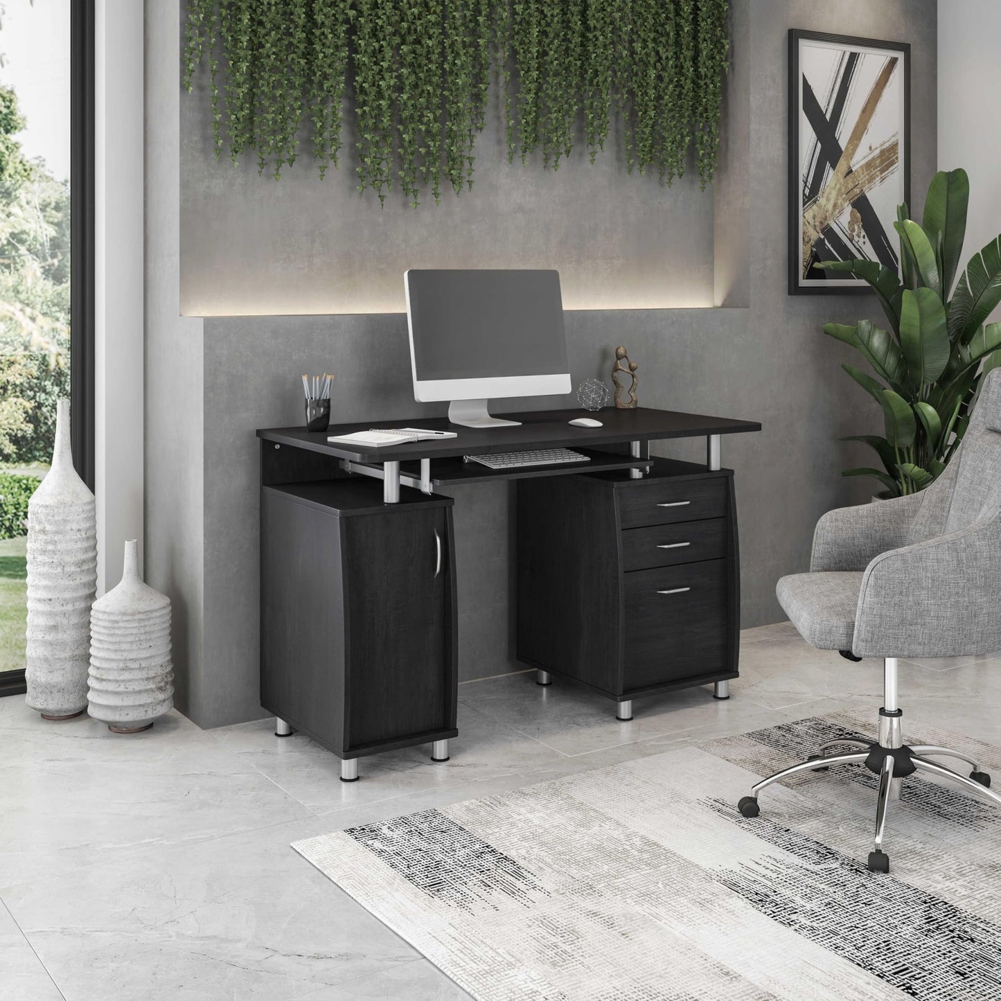 Techni Mobili 48'' W Computer Desk with File Cabinet and Drawers, Storage Cabinet with Removable Shelf and Ventilation for CPU, Home Office Desk or Computer Workstation with Keyboard Tray, Espresso