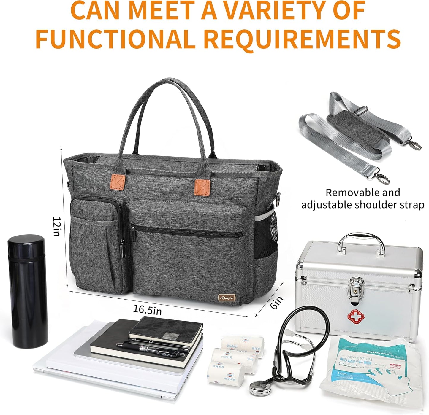 15.6 Rabjen Nurse Tote Bag for Work with Padded Laptop Sleeve, Medical Supplies Shoulder Bag for Home Health Care