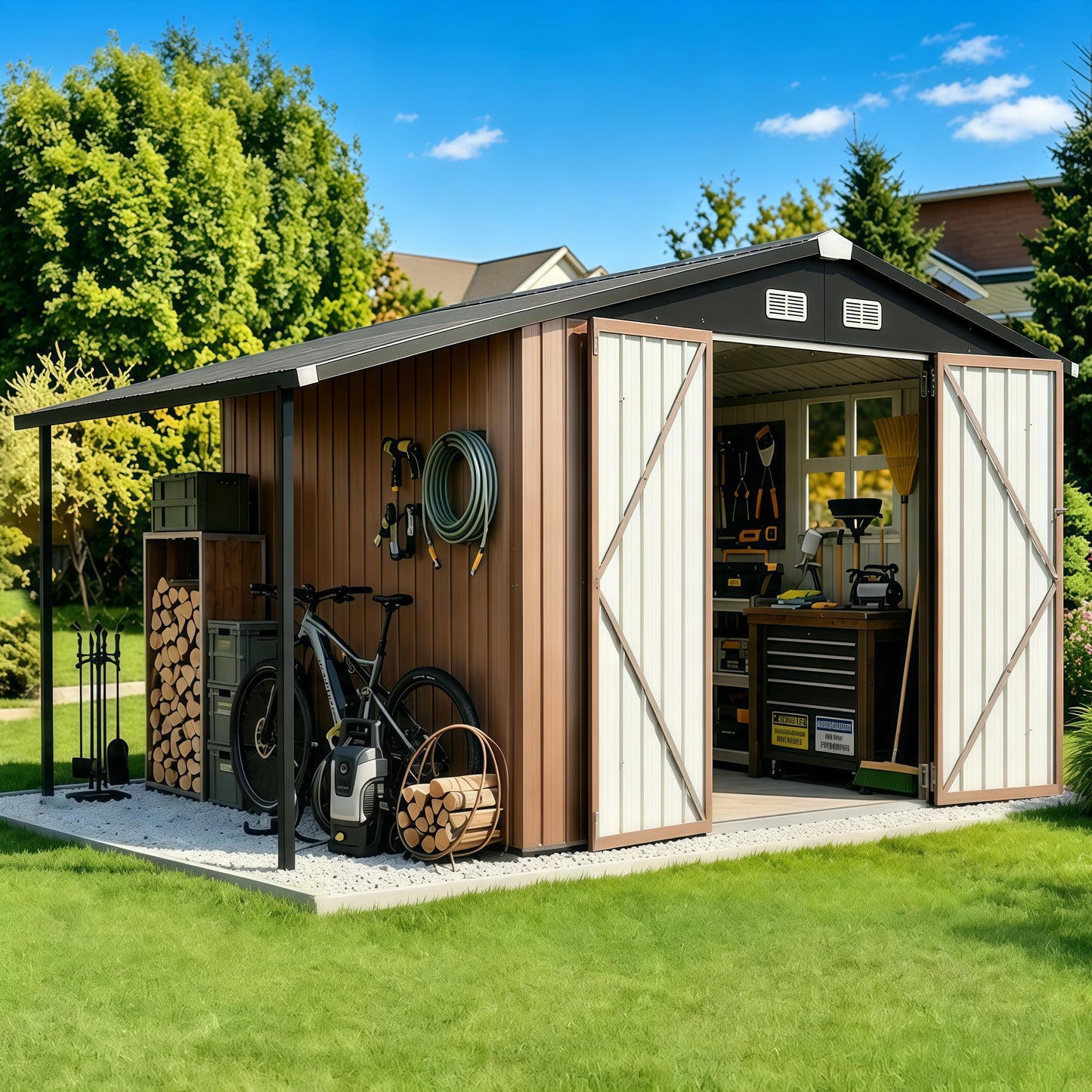 Aoxun 6x10 FT Outdoor Storage Shed Metal Lean to Sheds with Gazebo,Open Firewood Storage,Garden Shed with Lockable Doors,Sloped Roof,Windows, 2 in 1 Large Tool Shed for Patio, Backyard, Lawn