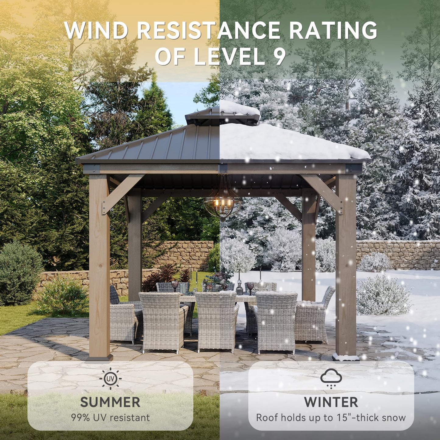 Aoxun 10' x 10' Outdoor Cedar Wood Hardtop Carport, Heavy Duty Gazebo with Double Galvanized Steel Roof, All-Weather Wind & Snow Resistant Permanent Pavilion for 2 Cars, Boat, Patio, Backyard