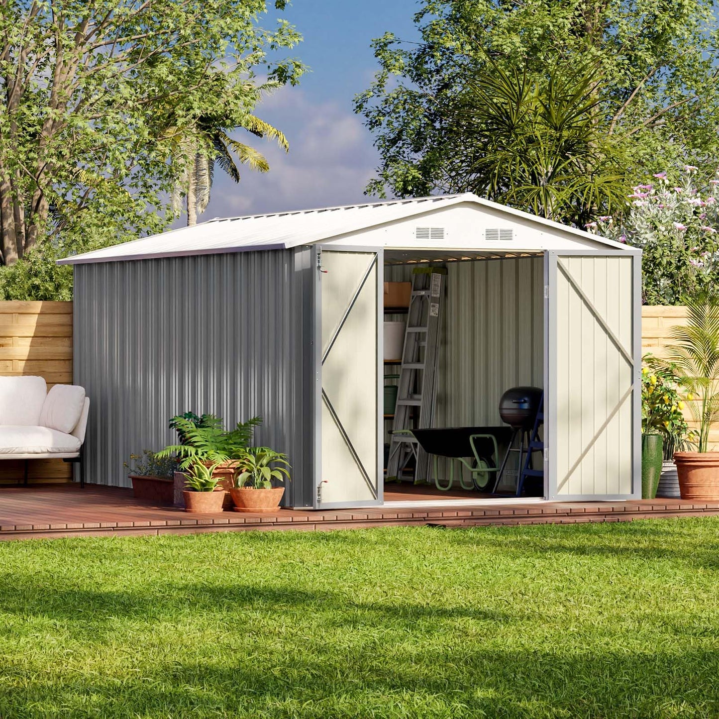 Patiowell 12 x 8 FT Outdoor Storage Shed, Steel Shed Storage House with Design of Lockable Doors, Utility and Tool Storage for Garden, Patio, Backyard, Outside use, Gray