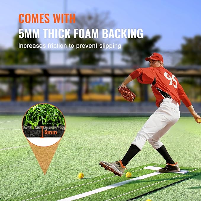 VEVOR 10x3ft Softball/Baseball Pitching Mat with Rubber Mound - Anti-Fade Turf & Anti-Slip Foam Backing, Portable Fastpitch Training Aid for Indoor/Outdoor Practice (Red/Green)