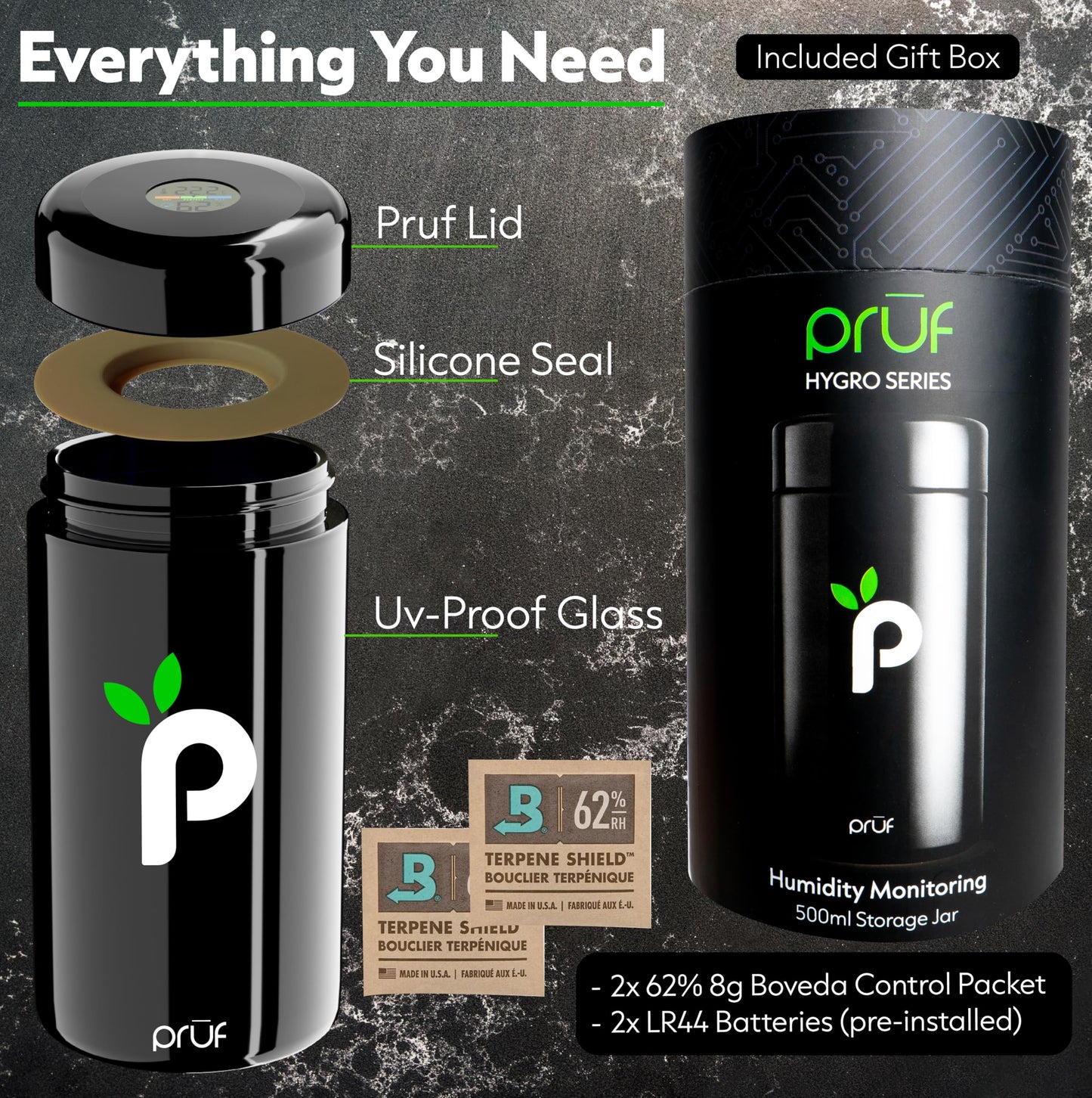 Prūf Jar with Built-In Humidity & Temperature Monitor (Hygrometer) – Airtight 500ml UV-Proof Glass Storage Jar with Silicone Seal – Humidity Control – Includes 2 Boveda 62% (8g) Packs – by Hygenix