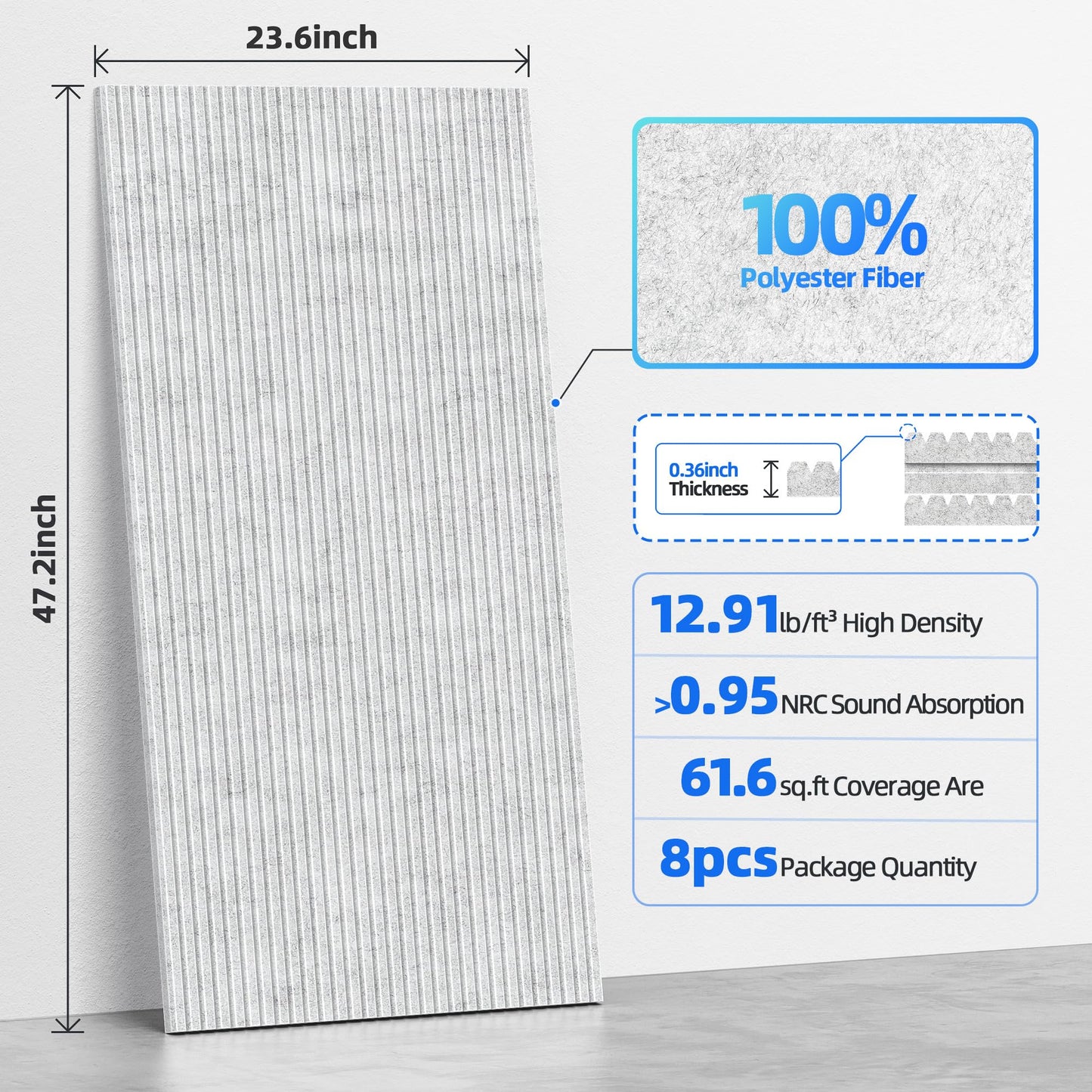 8 Pack Large Acoustic Panels Sound Absorbing with Self-Adhesive, 47.2”*23.6”*0.36” High Density Sound Proof Foam Panels for Walls, 3D Vertical Soundproof Wall Panels for Home Studio Office Decor-Gray