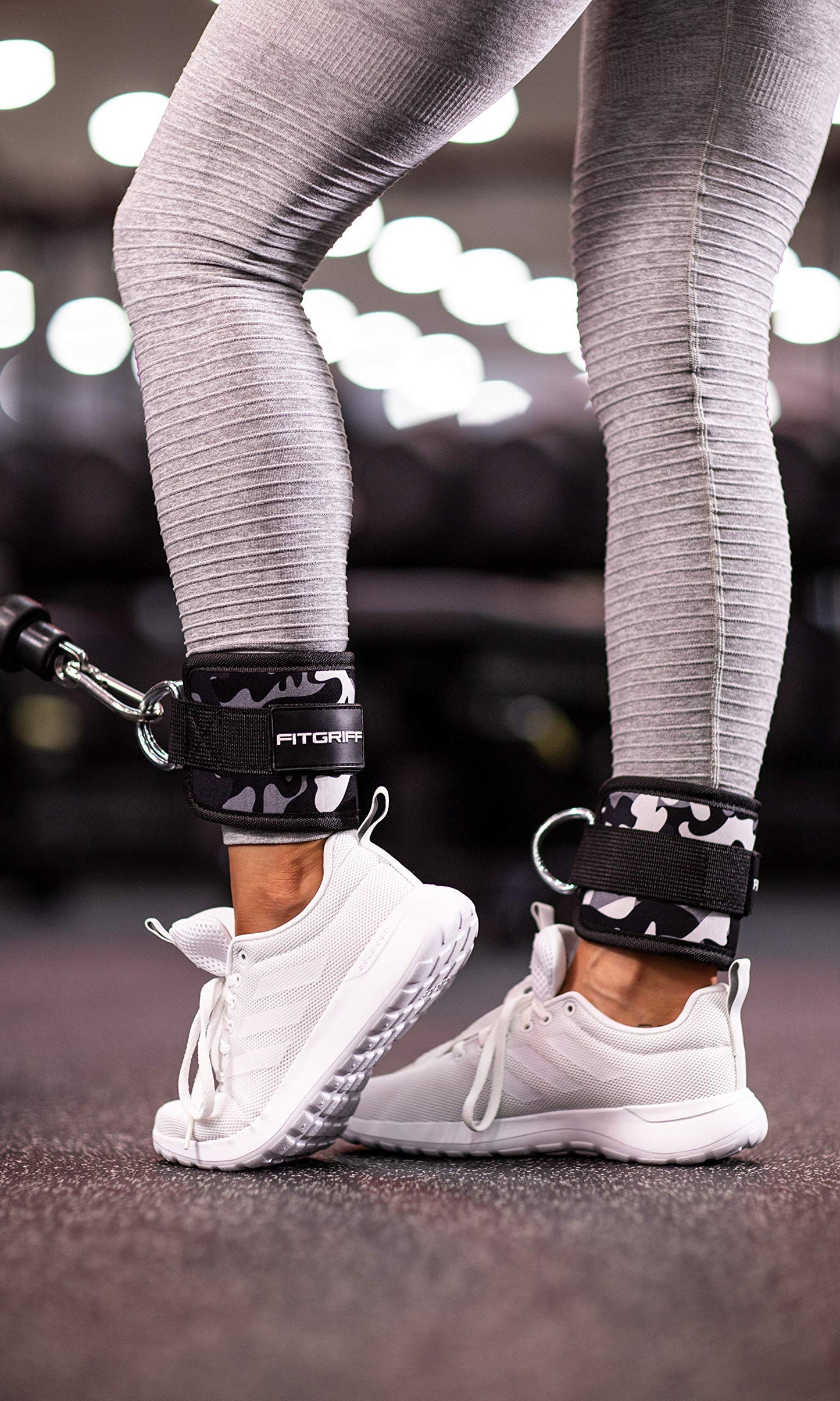 Fitgriff® Ankle Straps V1 for Cable Machine (2 Pieces) - Gym Workout Equipment - Leg Pulley Attachment, Kickback Straps (Ca­mo-Grey)