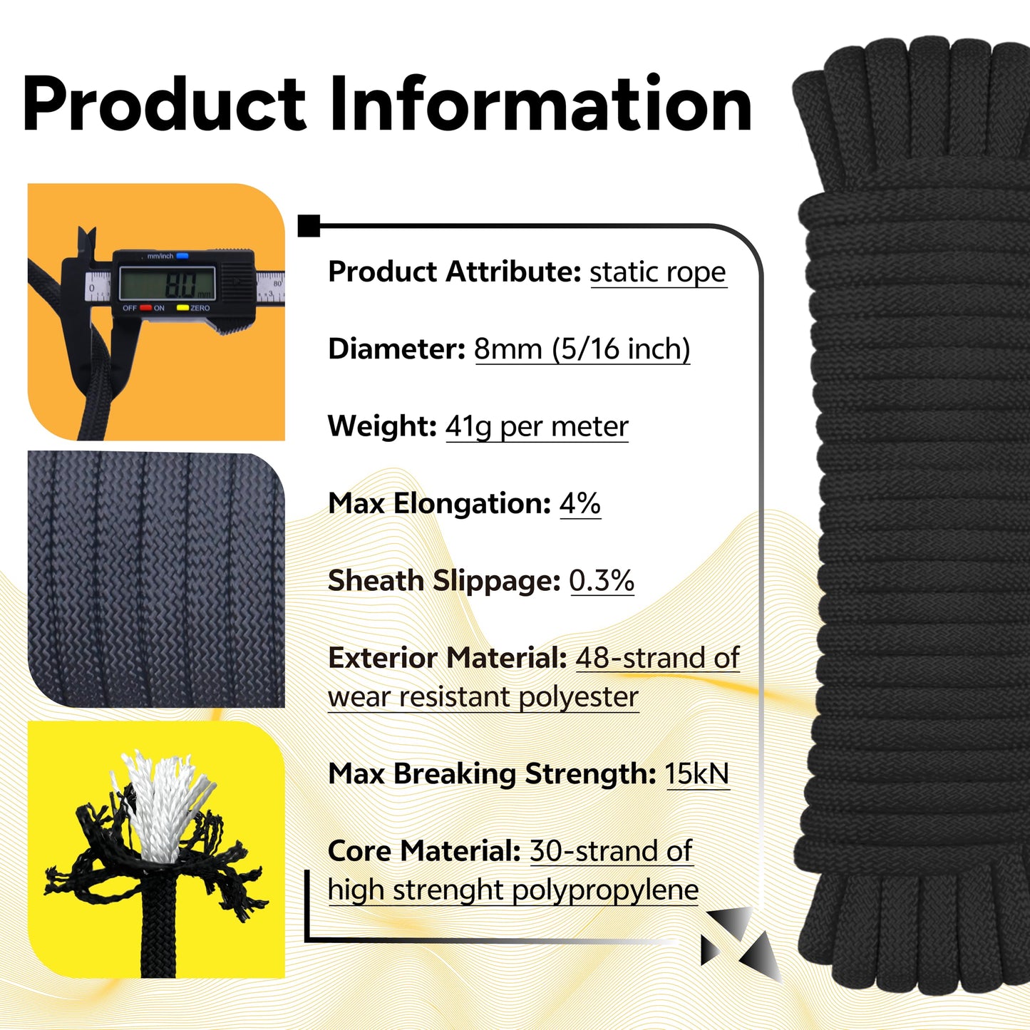 WISEROOT 8mm Static Climbing Rope: Heavy Duty Outdoor Rock Climbing Rope for Arborist Tree Work, Rescue, Camping & Hiking, (10m/32ft, 20m/64ft, 30m/96ft) Orange/Black (Black, 32 Feet)