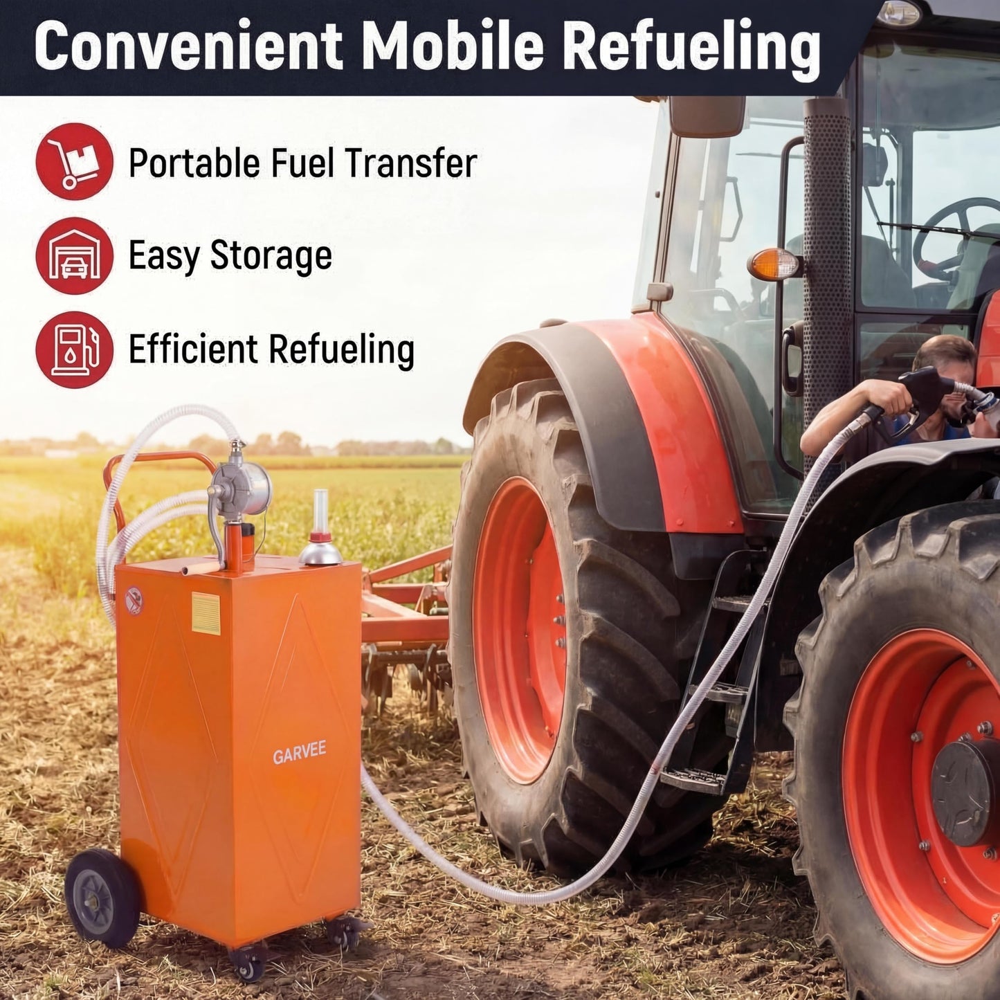 Patikuin 30 Gallon Heavy-Duty Steel Fuel Caddy with Manual Rotary Pump – Portable Gasoline & Fuel Transfer Tank – Reinforced 4-Wheel Design for Trucks, Boats, ATVs, Lawn Mowers, Farm Equipment – Reinforced 4-wheel design - Orange