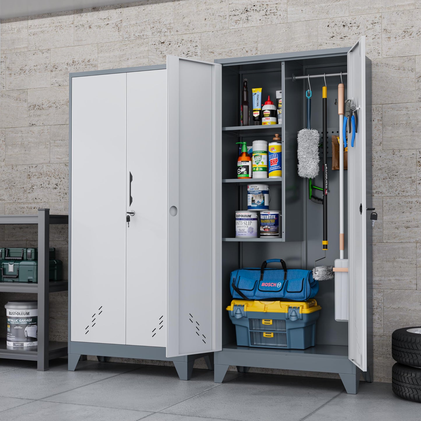 DUTYSEST Storage Cabinet 61" H, Locking Cabinet with Doors and Shelves, Metal Pantry Cabinets for Tool Organization,Gray White Cabinet with Removable Pegboard for Garage,Utility Room,Office