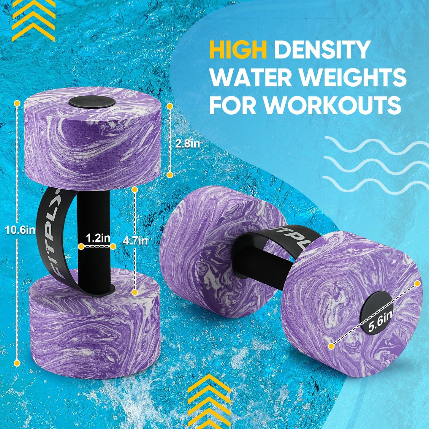 fitply Water Weights Aquatic Pool Dumbbells for Swimming Exercise - EVA Foam Swim Pool Weights with Handle Strip, 2PCS Lightweight Water Dumbbells, Aerobics Swimming Exercise Equipment