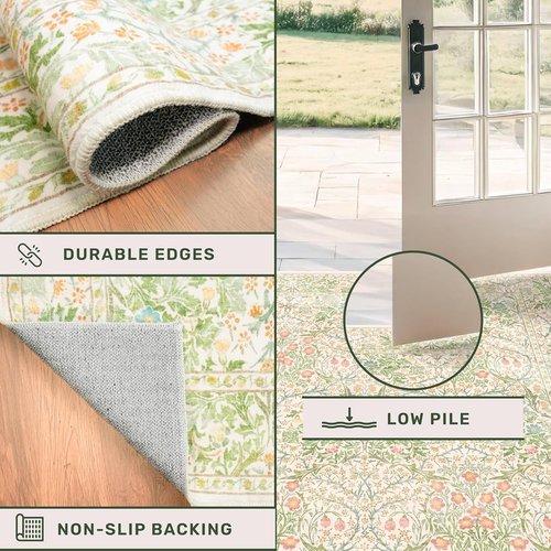 Hazo Haus Non-Slip Bathroom Runner Rug - Vintage Floral Design | Washable 24 x 72 Inch Beige Green Mat