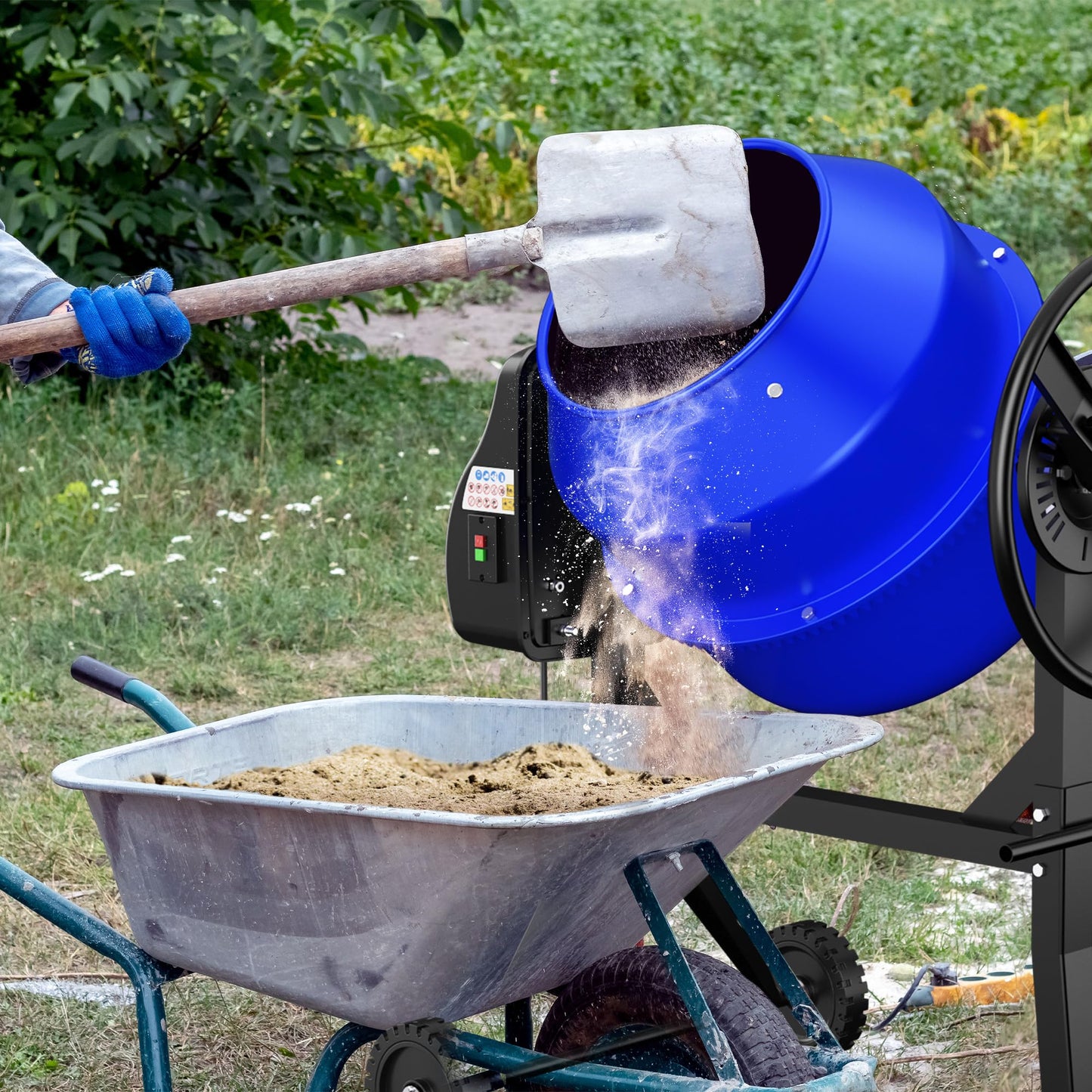SILVEL Electric Cement Mixer, 4.3 Cu.Ft.450W Portable Concrete Mixer Machine with Wheels & Stand Steel for Stucco, Mortar, Feed Mixing, Farm Use, Blue