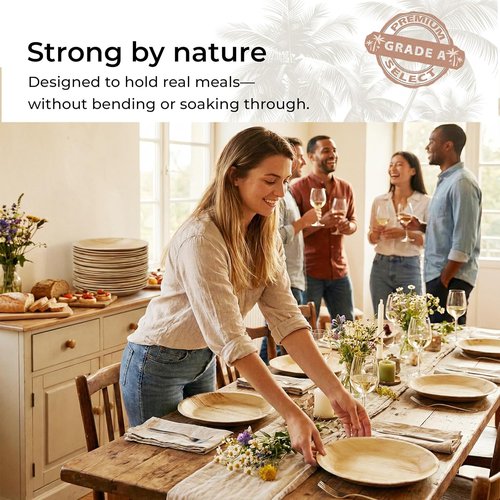 Indie Palm 10 Inch Round Disposable Palm Leaf Plates - Heavy Duty & Biodegradable | 50 Pack for Parties & Catering