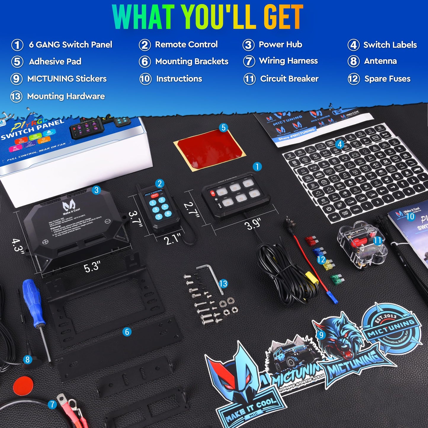 MICTUNING P1Y RGB 6 Gang Switch Panel Remote Control Range Up to 230FT, Multifunction Toggle Momentary Strobe Pulsed Switch Pod Backlit Off 6 Level Brightness Circuit System Box for Car UTV Offroad