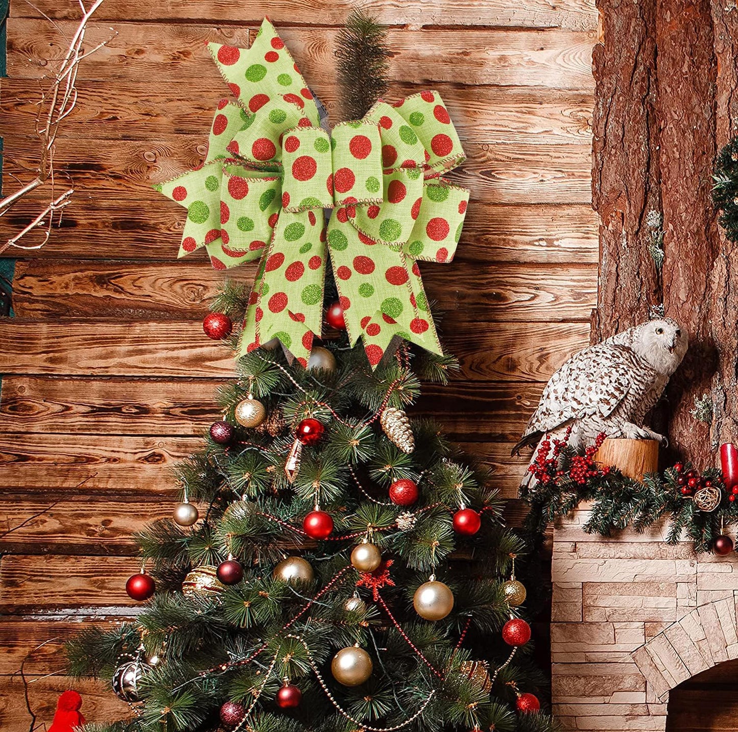 SIMISI Ribbon Christmas Bow - Rustic Green & Red Dots for Wreaths & Holiday Decor | 9.5 x 13 Inch